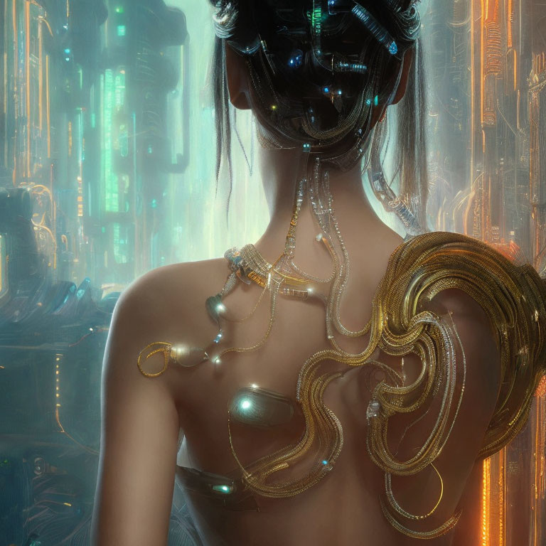 Cybernetically enhanced person admires futuristic cityscape with stylish adornments.