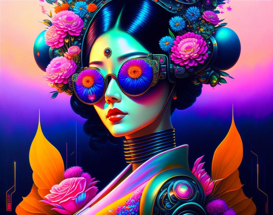 Futuristic female figure with blue skin and floral headgear in neon background