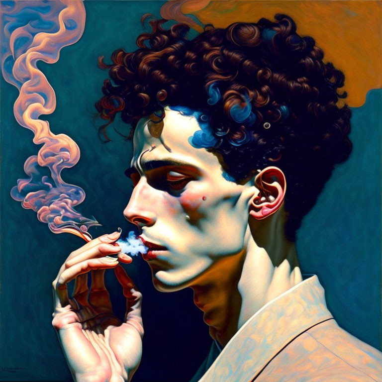 Colorful smoke portrait of man with curly hair on dark backdrop