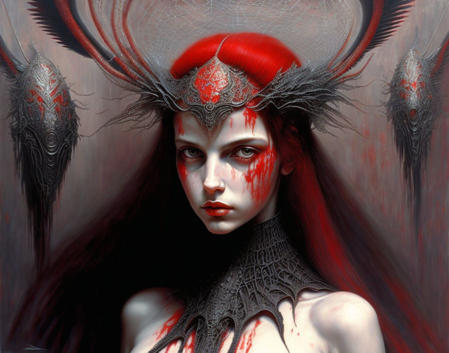 Fantasy artwork: Woman with dark headdress, piercing eyes, red face paint