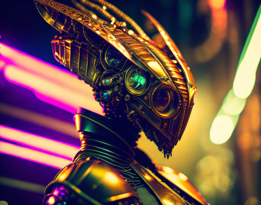 Detailed Stylized Robotic Head with Glowing Green Eyes Against Neon Background