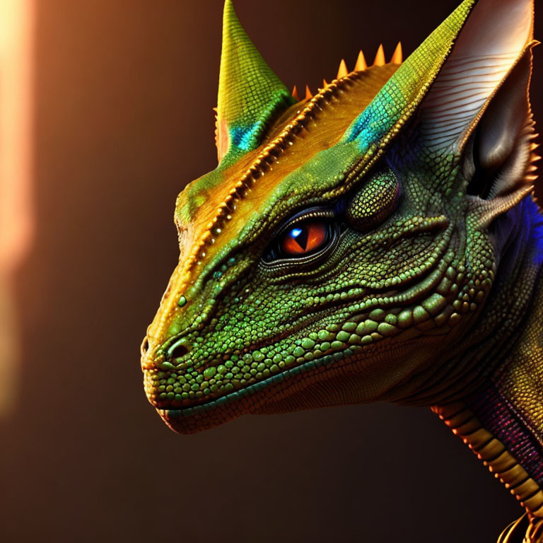 Detailed Digital Art: Green Dragon with Orange Eyes and Illuminated Scales