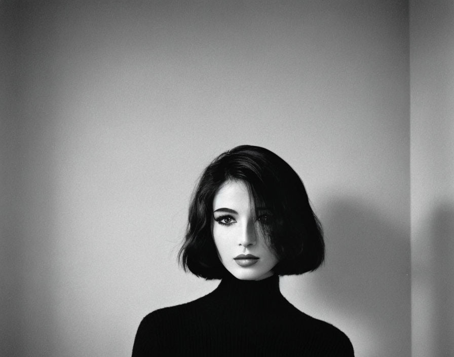 Monochromatic portrait of woman with dark hair and eye makeup in turtleneck.