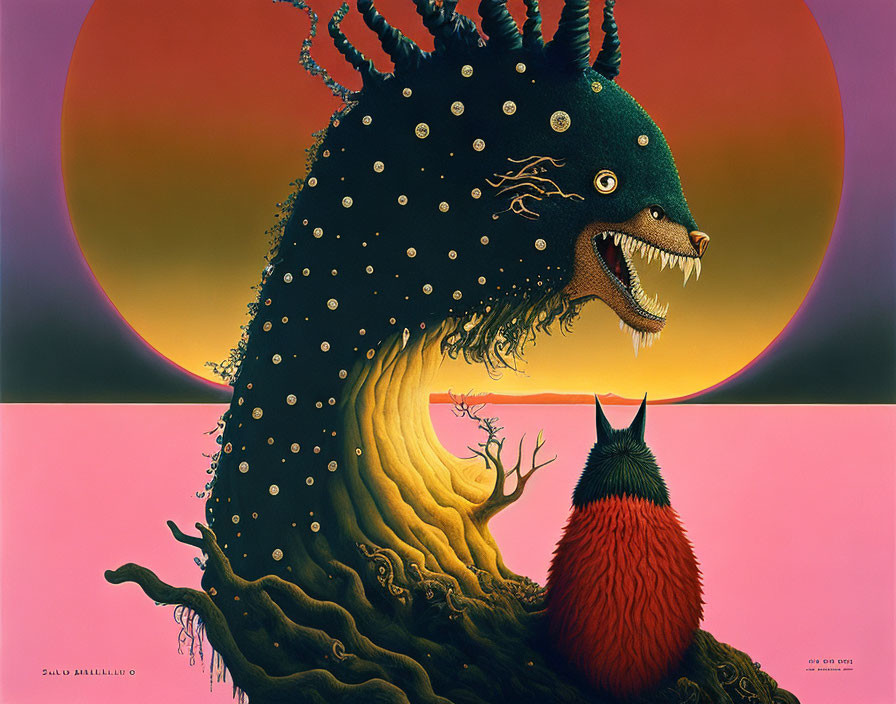 Surrealist painting: Black creature with white eyes and sharp teeth in yellow landscape