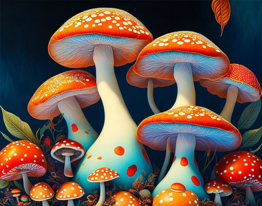 Illustration of Red and White Spotted Mushrooms in Whimsical Setting