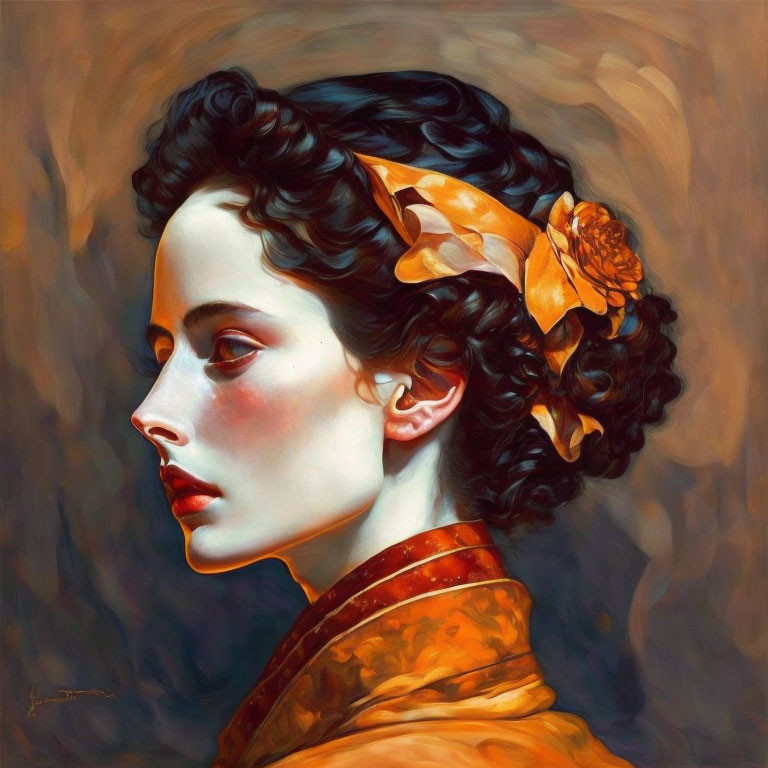 Portrait of woman with dark curly hair, bow, and orange scarf on dark background