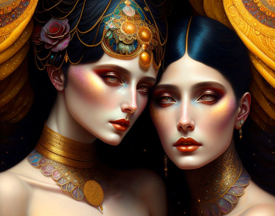 Women adorned with golden jewelry and tattoos on warm backdrop with star-like freckles