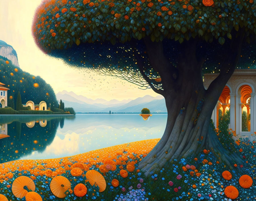 Whimsical landscape with oversized tree, lake, arches, and mountains