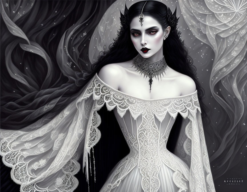 Monochrome gothic illustration of a woman in lace dress