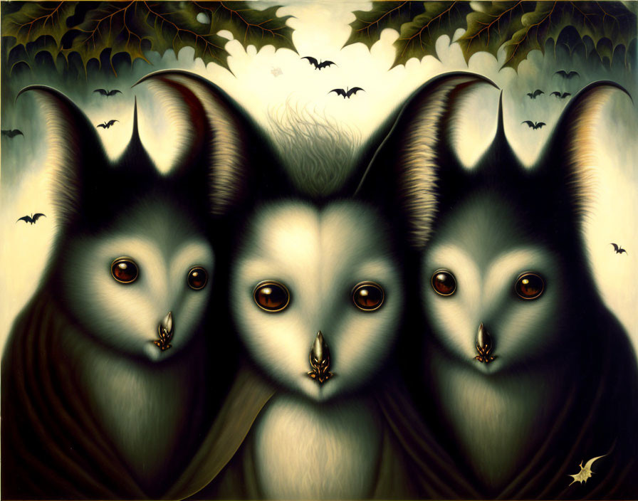 Stylized wide-eyed cat-like creatures in gloomy bat-filled background