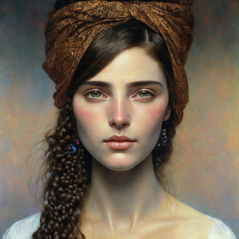 Realistic painting of woman with braided hair and golden headwrap