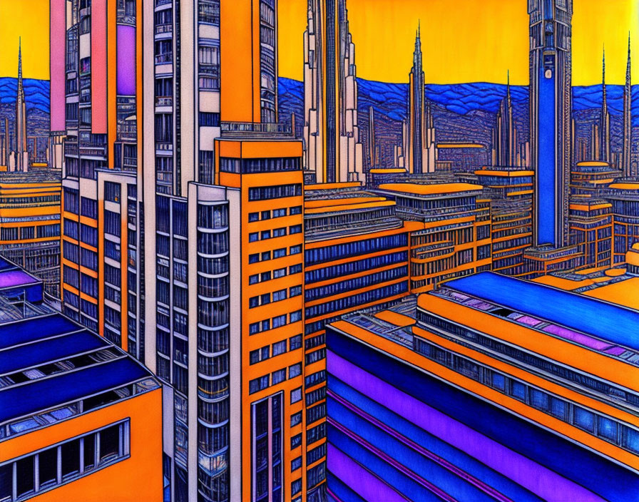 Colorful Futuristic Cityscape Illustration with Towering Skyscrapers