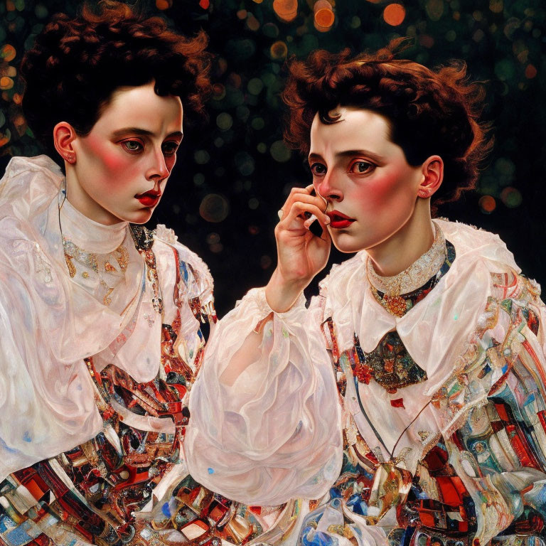 Figurative painting of two similar figures in ornate white blouses on dark backdrop