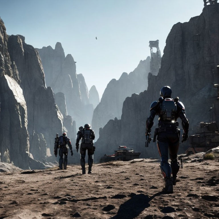 Astronauts in space suits explore rocky terrain with cliffs and structure in the distance