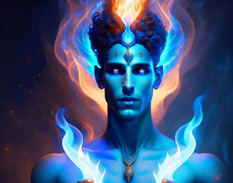 Blue-Skinned Figure with Orange Hair and Mystical Flames Art