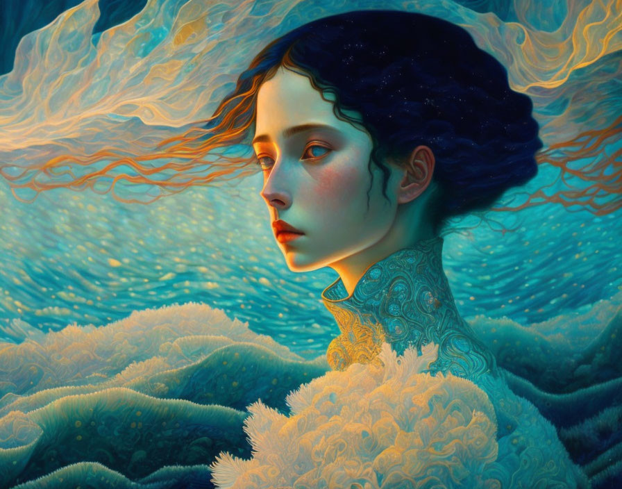 Surreal portrait of a girl merging with wave-like pattern in vibrant hues
