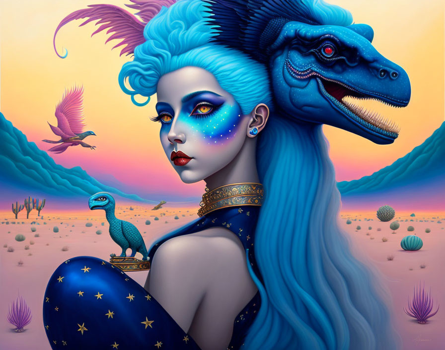 Fantastical artwork: Blue-skinned woman, star-patterned body paint, blue dinosaur, desert
