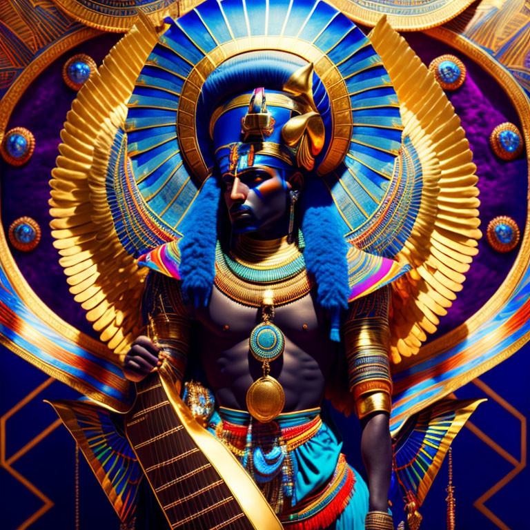 Egyptian Pharaoh with Traditional Attire on Blue and Gold Background