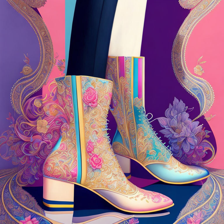 Pastel-colored floral patterned boots on purple background with elegant border designs