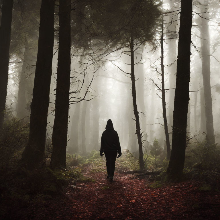 Solitary figure walking on red foliage path in misty forest