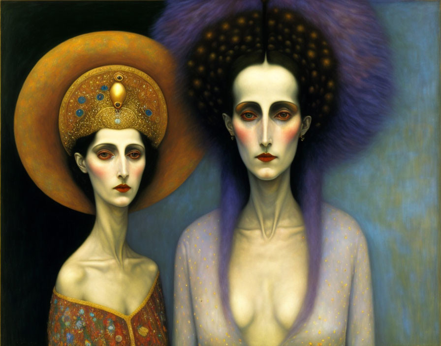 Surreal stylized female figures with pale skin and ornate headpiece, one with purple aura