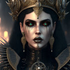 Elaborate dark makeup woman with detailed crown and shoulder armor