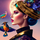 Digital artwork featuring woman with blue hair, vintage hat, and colorful birds under moonlit sky