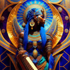 Egyptian Pharaoh with Traditional Attire on Blue and Gold Background