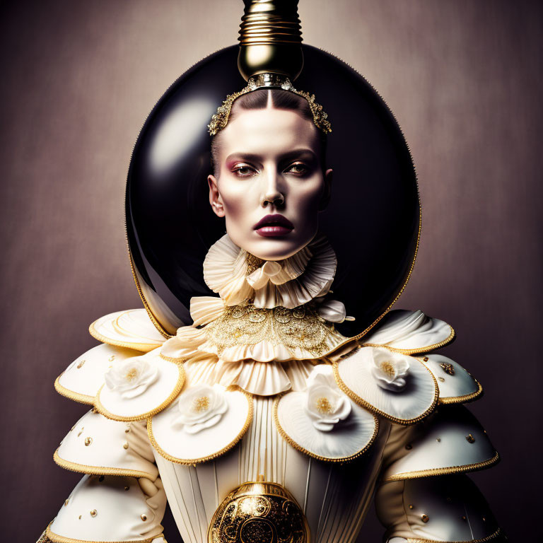 Avant-garde portrait featuring white and gold costume with ruffles and black headpiece