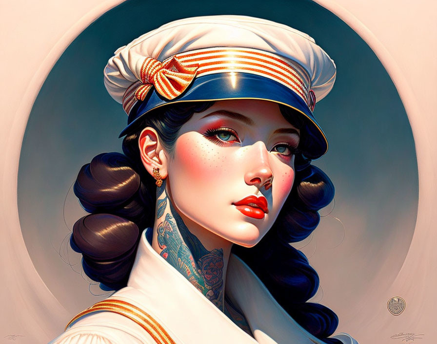 Detailed illustration of woman with stylized hair, sailor's cap, golden anchor emblem, tattoos, and