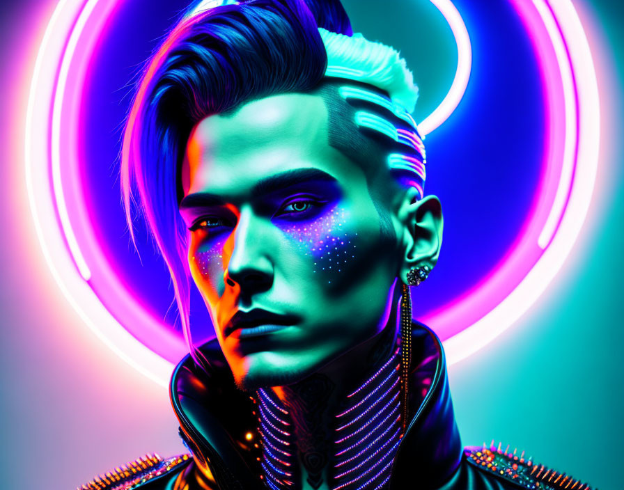 Colorful neon-lit portrait with edgy hairstyle and makeup.