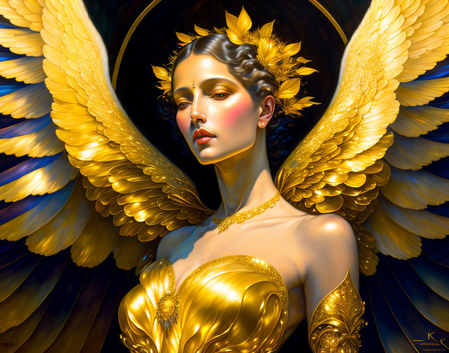 Majestic angel with golden wings and attire in radiant glow