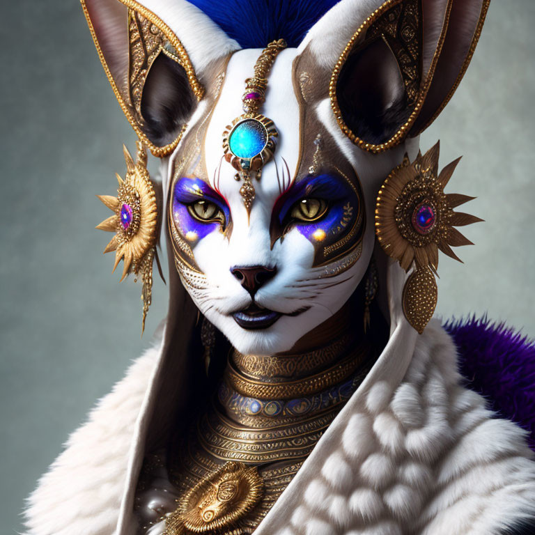 Regal anthropomorphic feline with gold jewelry and white fur cloak
