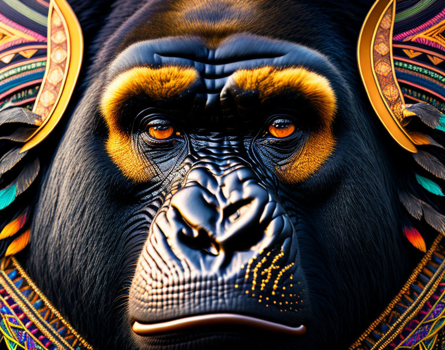 Colorful Gorilla Face Illustration with Intricate Patterns