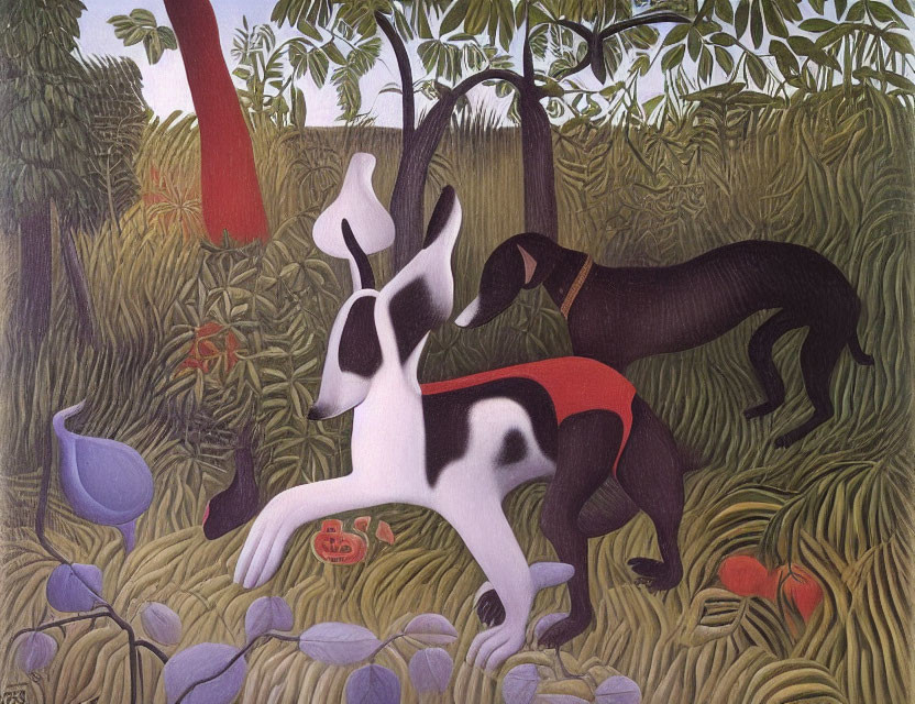Stylized dogs in vibrant surreal forest with colorful plants and red fruits