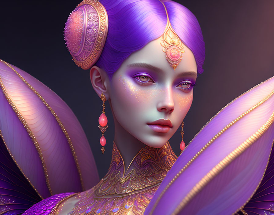 Fantasy character with purple skin in gold and pink attire