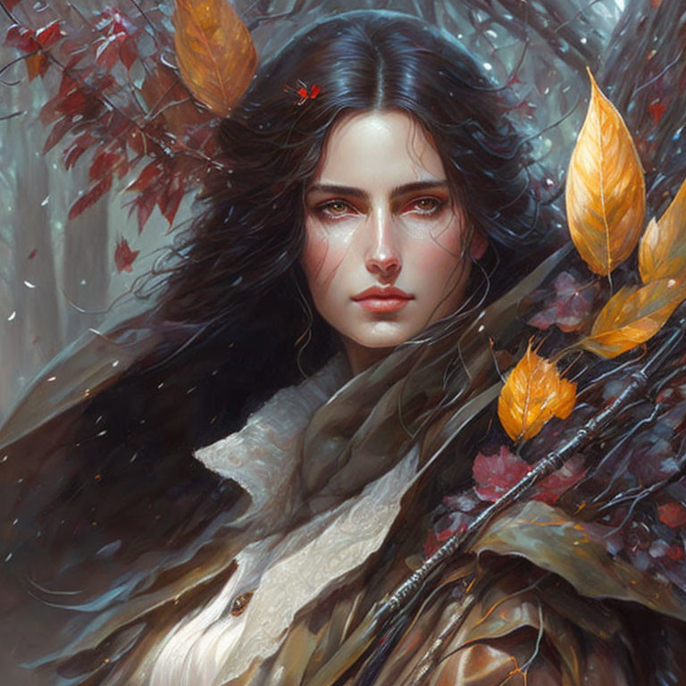 Digital painting of woman with dark hair in mystical autumn setting