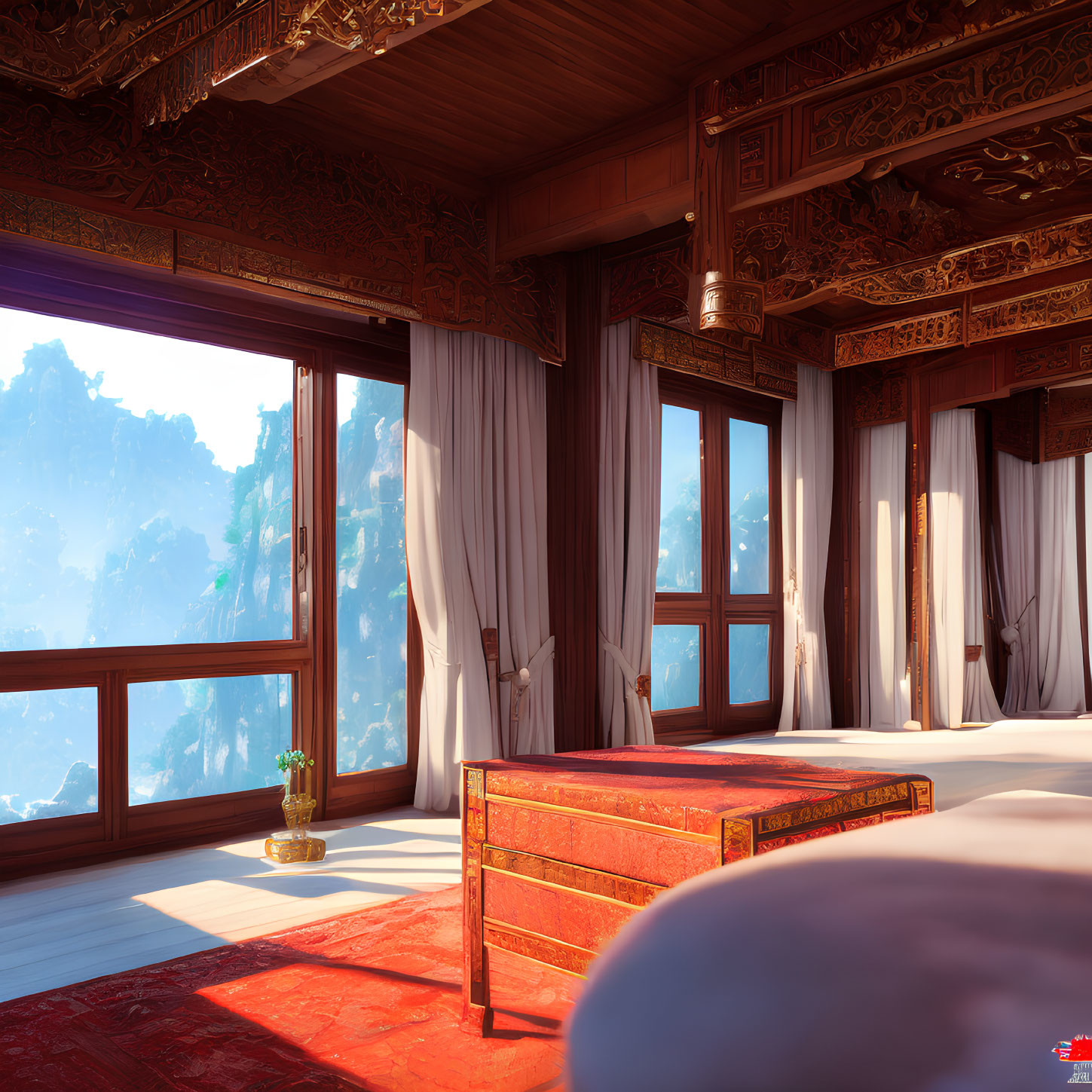 Traditional Wooden Architecture Room with Mountain View and Red Carpet
