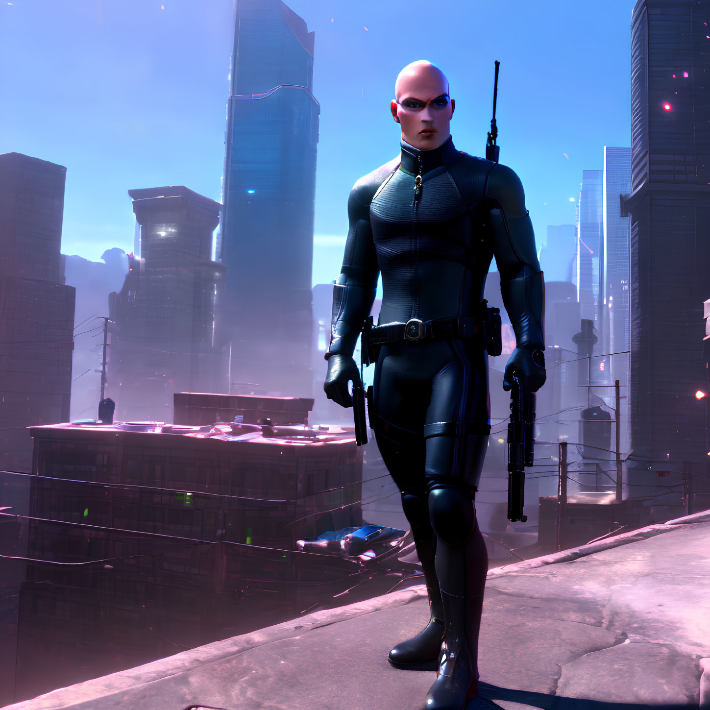 Futuristic bald character in black suit with gun & purple-hazed city skyline