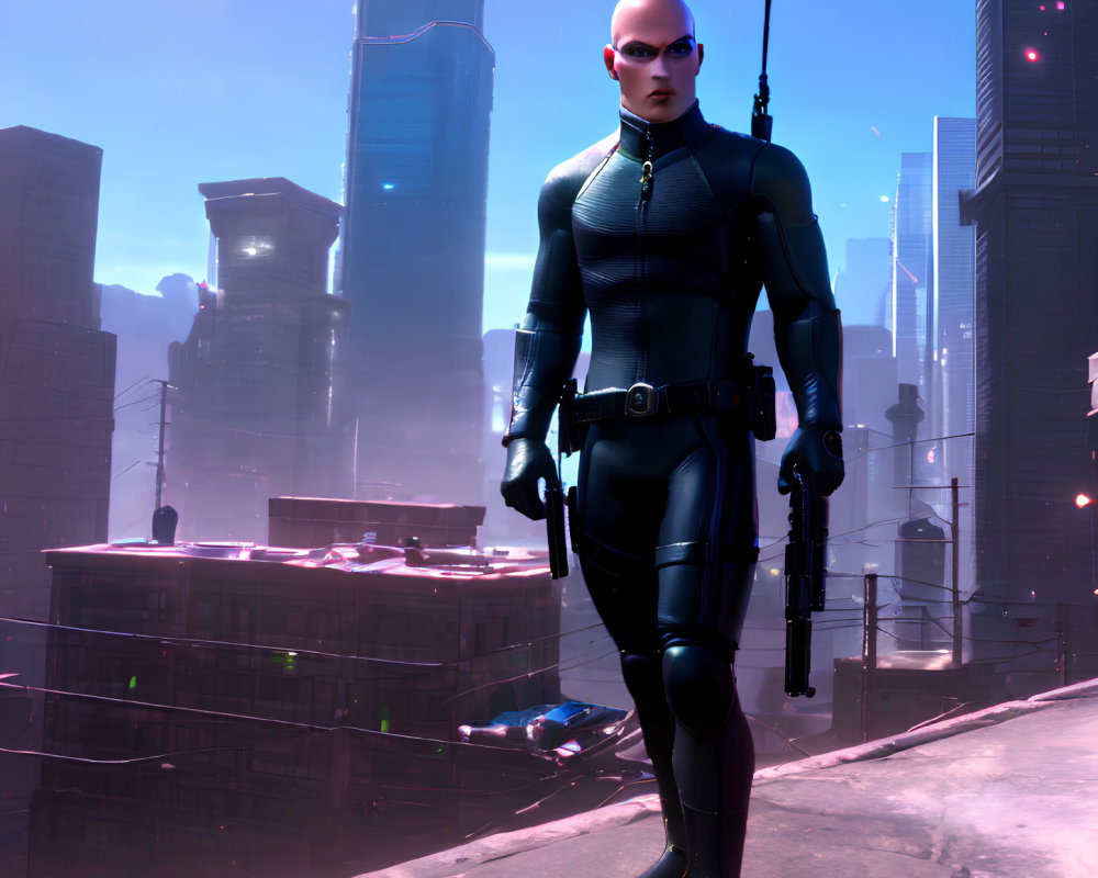 Futuristic bald character in black suit with gun & purple-hazed city skyline