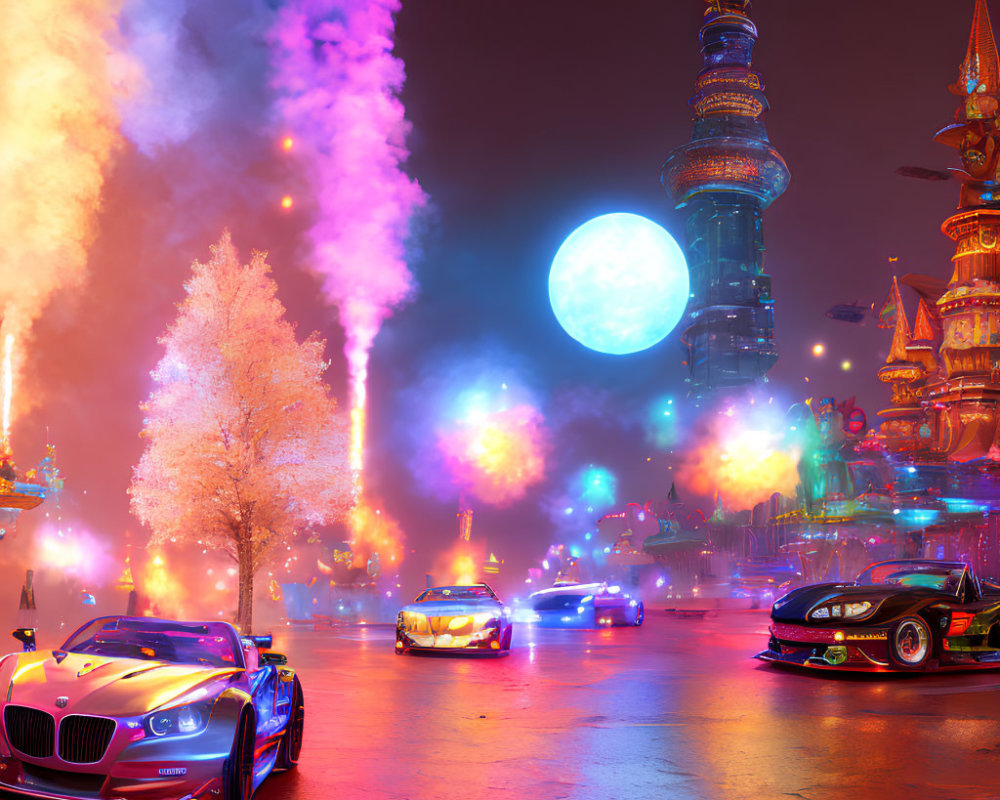 Futuristic cityscape with purple and orange hues, neon lights, sleek cars, and glowing moon