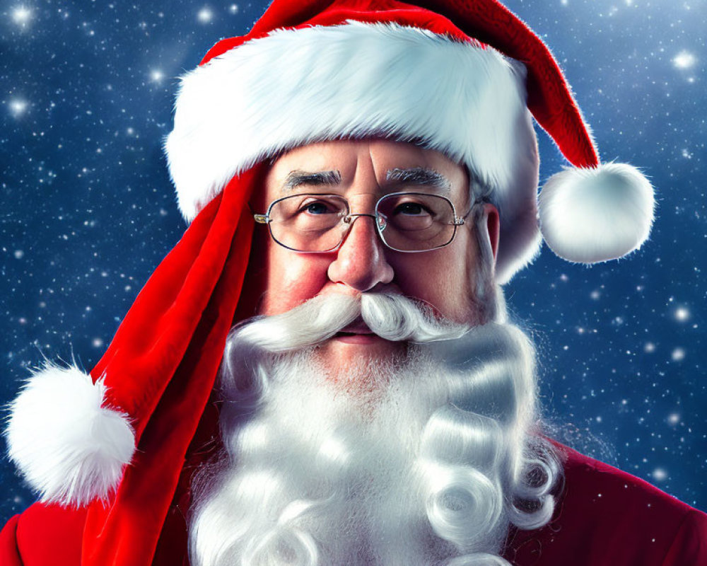 Santa Claus in red costume with white beard and glasses on starry night background