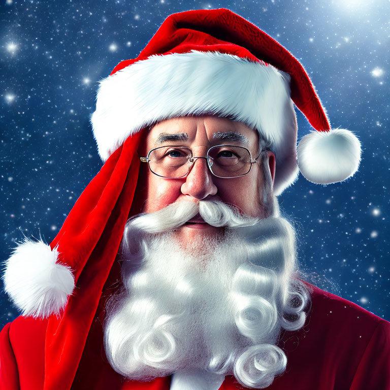 Santa Claus in red costume with white beard and glasses on starry night background