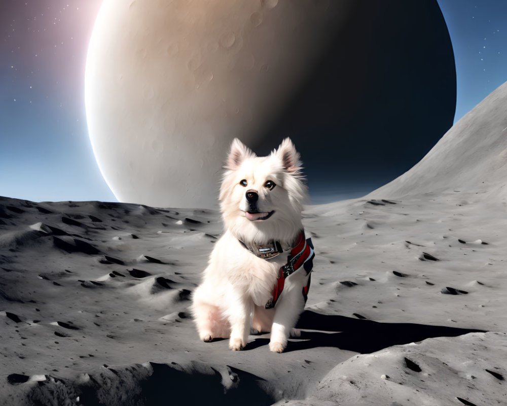 Small White Dog in Harness on Moon-Like Surface with Large Planet in Background