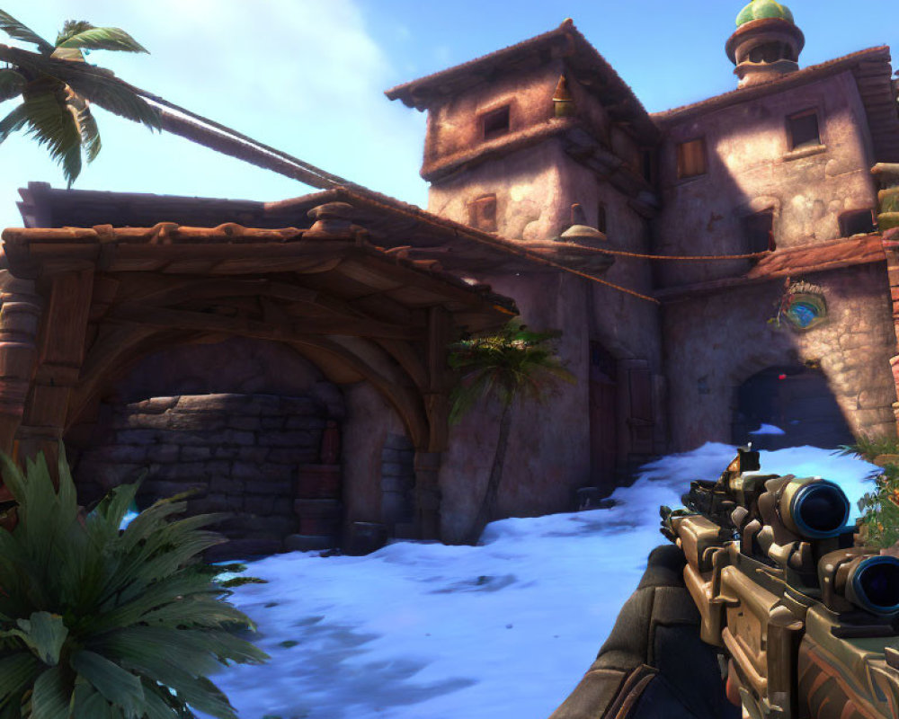 Virtual snowy landscape with sniper rifle, palm trees, stone buildings, arch bridge, and green dome.