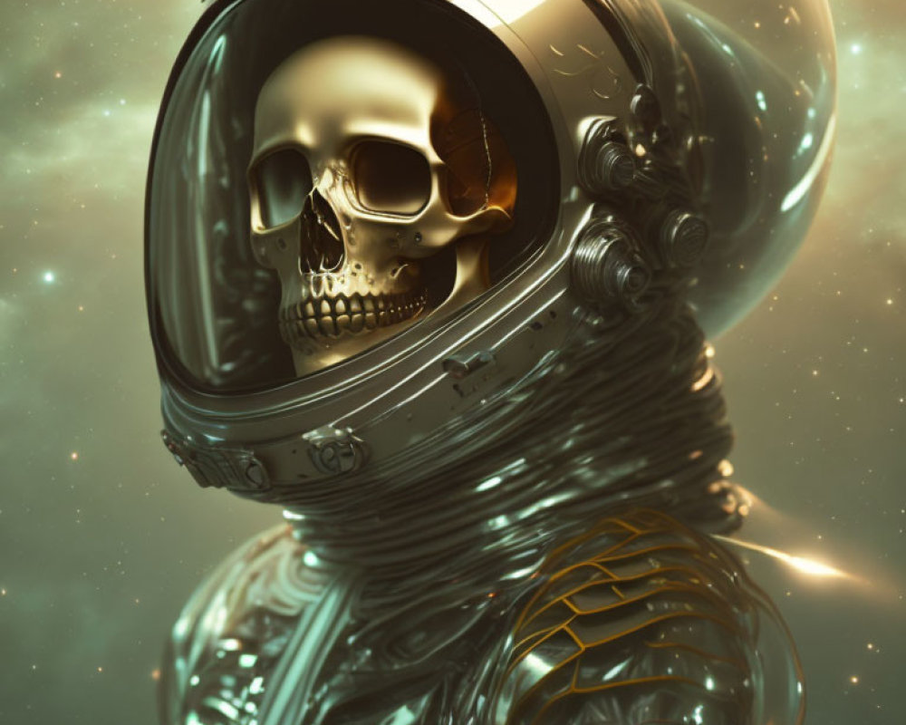 Metallic skeleton in astronaut helmet with visible skull, celestial backdrop with orbs and glow