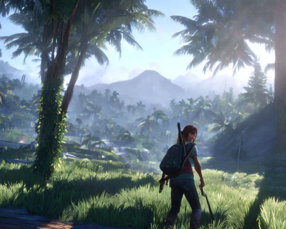 Character with backpack and rifle in lush jungle with palm trees and mountains