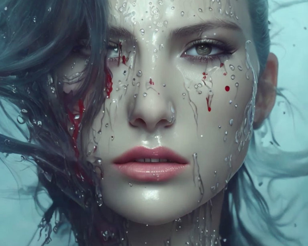 Woman's face behind wet glass with red streaks and water droplets