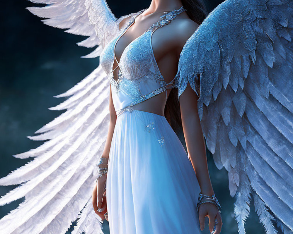 Woman with Detailed Angel Wings in Blue Dress with Silver Embellishments