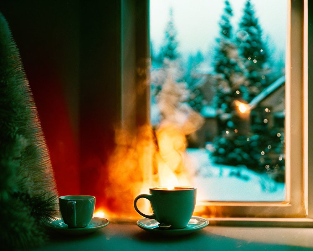 Two cups of coffee on a windowsill overlooking snow-covered trees.